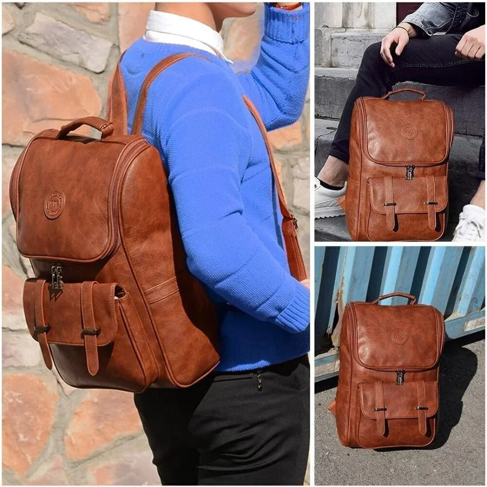 ✨Brown Faux Leather Backpack Slim Laptop Travel Pack Waterproof Daypack Bag